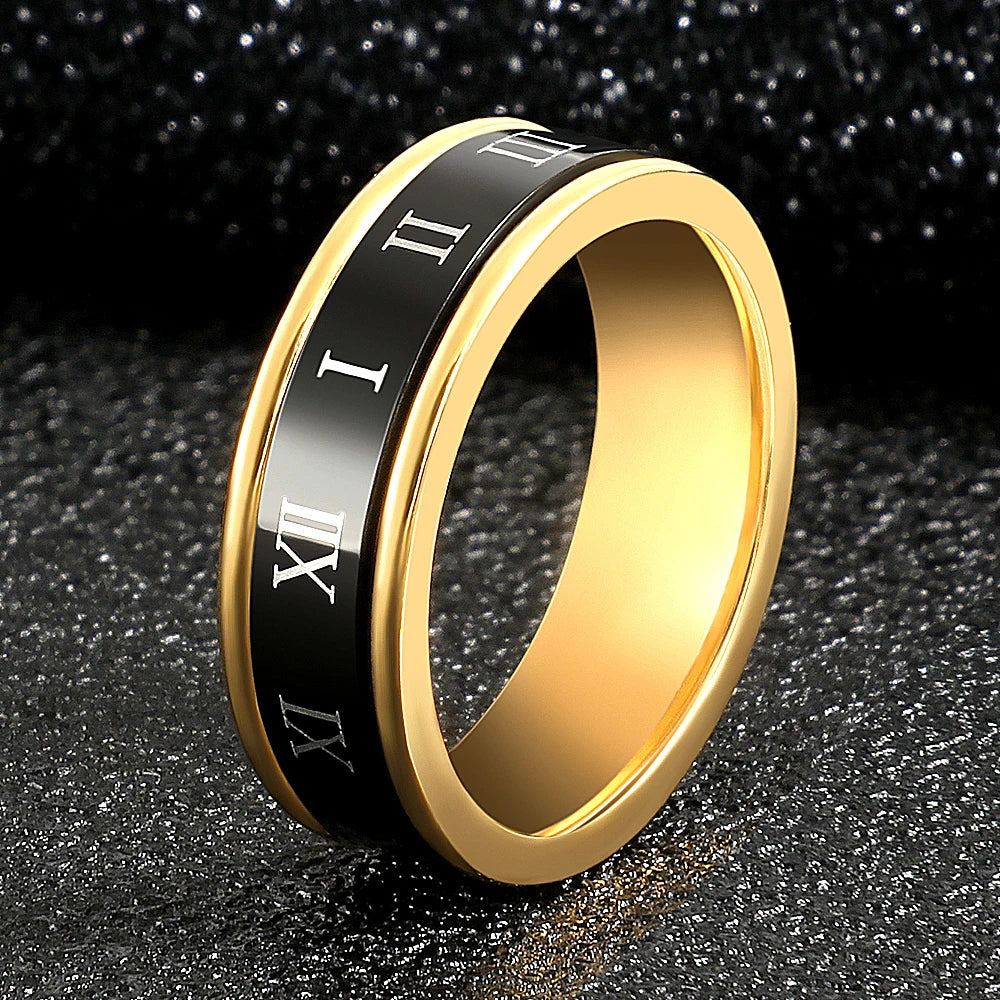 Fashion Luxuxy Double Layers Stainless Steel Wedding Rings For Women Trendy Jewelry Bridal Roman Number Can Rotating Ring Woman