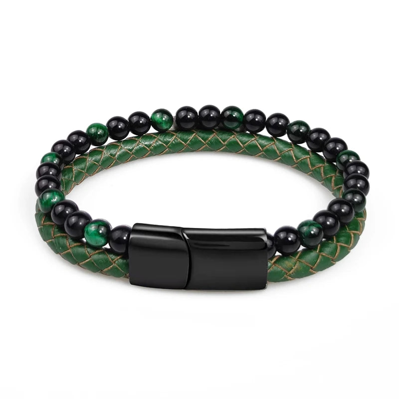 MingAo Fashion Green Stone Beads Men Bracelet Multilayer Leather Bracelet Punk Jewelry Stainless Steel Magnetic Clasp Bangles