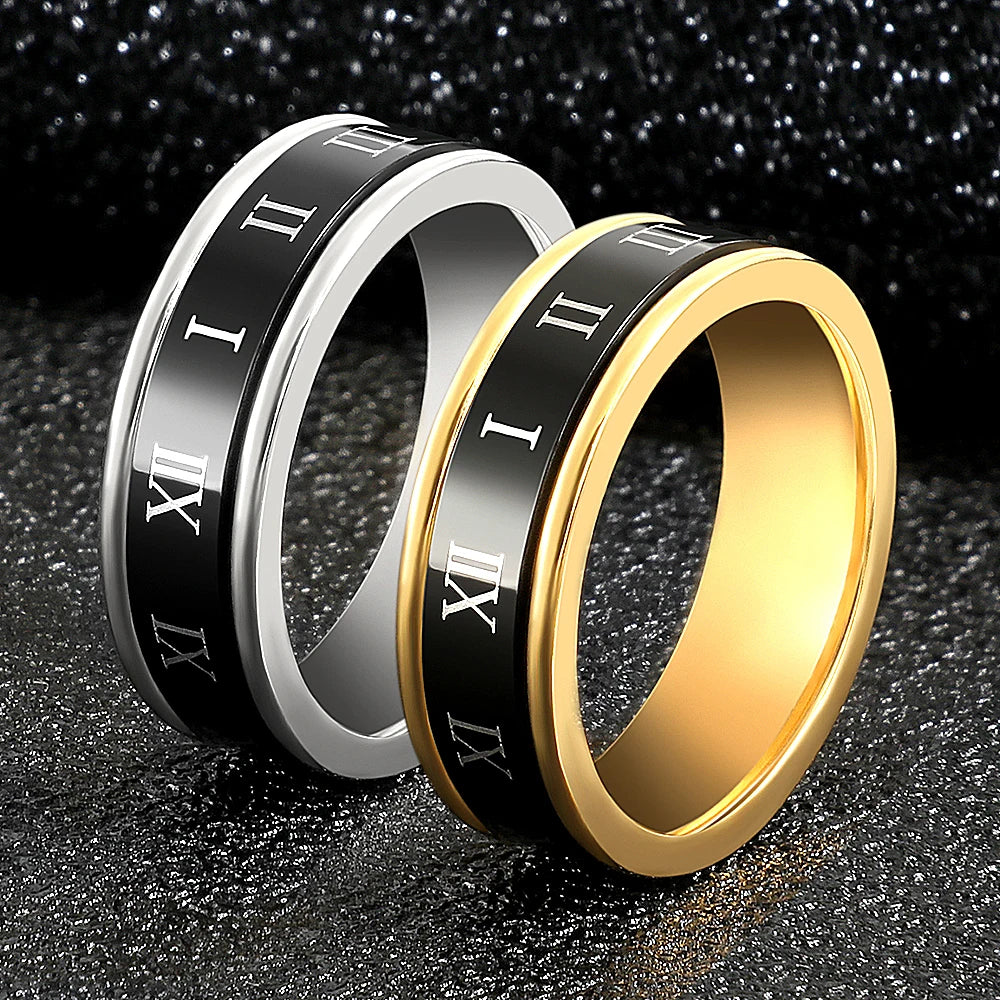 Fashion Luxuxy Double Layers Stainless Steel Wedding Rings For Women Trendy Jewelry Bridal Roman Number Can Rotating Ring Woman