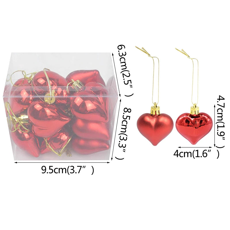 12Pcs Plastic Heart Ornament for Christams Tree Decor Christmas balls Decorations for Home Hanging Wedding Heart Shape Supplies