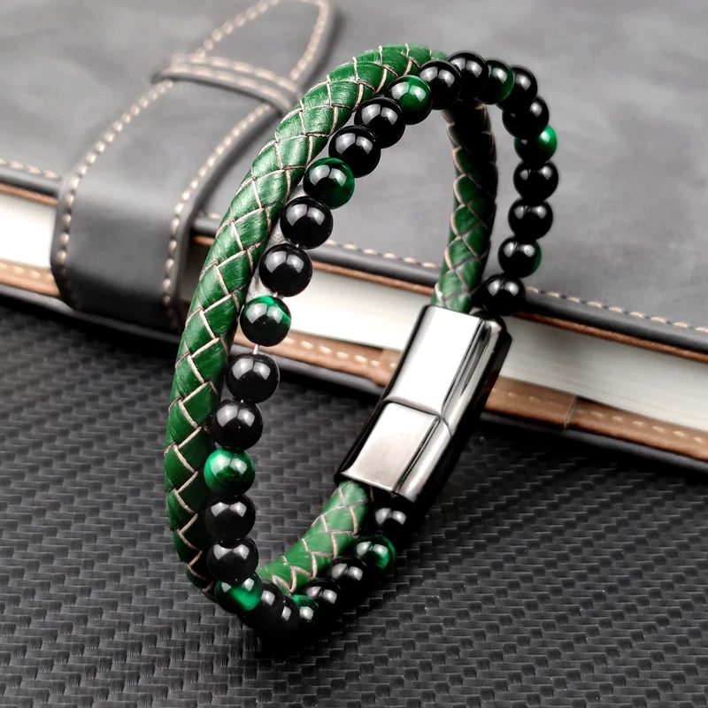 MingAo Fashion Green Stone Beads Men Bracelet Multilayer Leather Bracelet Punk Jewelry Stainless Steel Magnetic Clasp Bangles