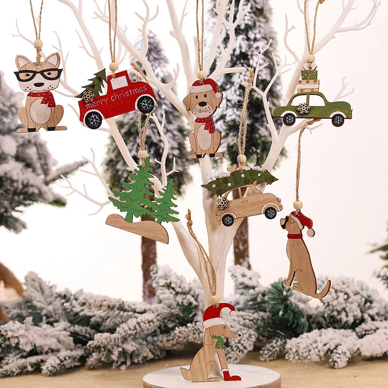 Car Ornaments Small Christmas Tree Hanging Wooden Pendants Elk Cartoon Animal Ornaments 2020 New Christmas Holiday Decorations