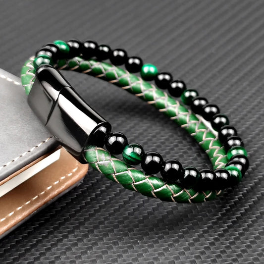 MingAo Fashion Green Stone Beads Men Bracelet Multilayer Leather Bracelet Punk Jewelry Stainless Steel Magnetic Clasp Bangles