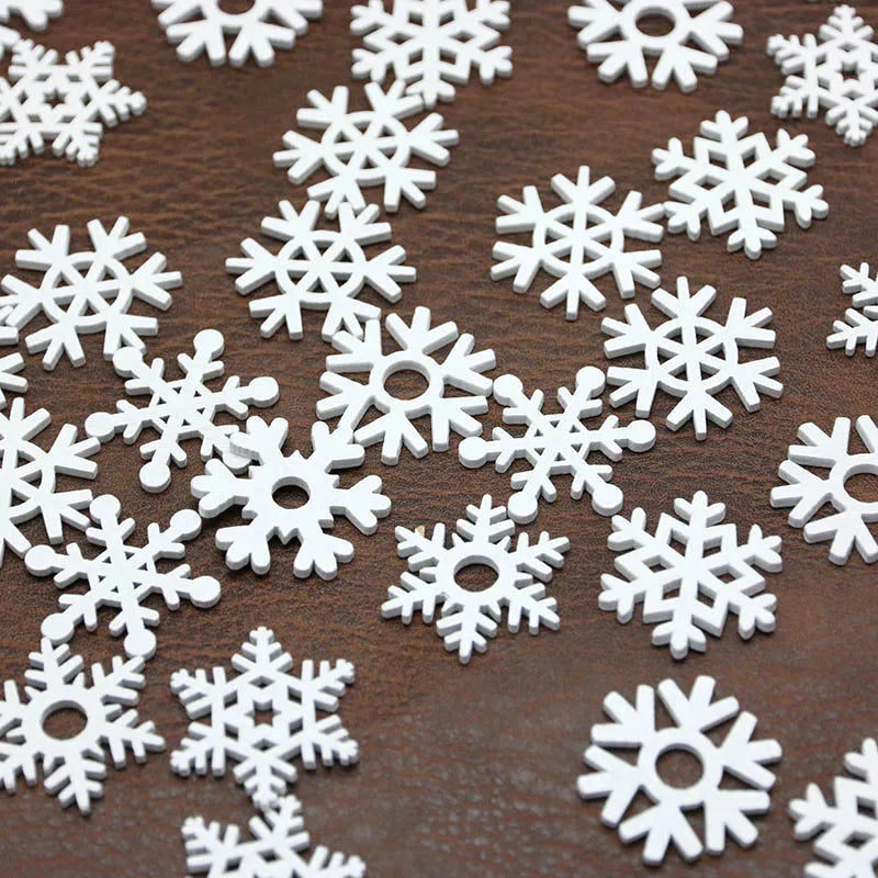 (50pcs/pack) 35mm White Mix Shape Wooden Snowflakes Christmas Ornaments Christmas Tree Pendants New Year Decorations For Home