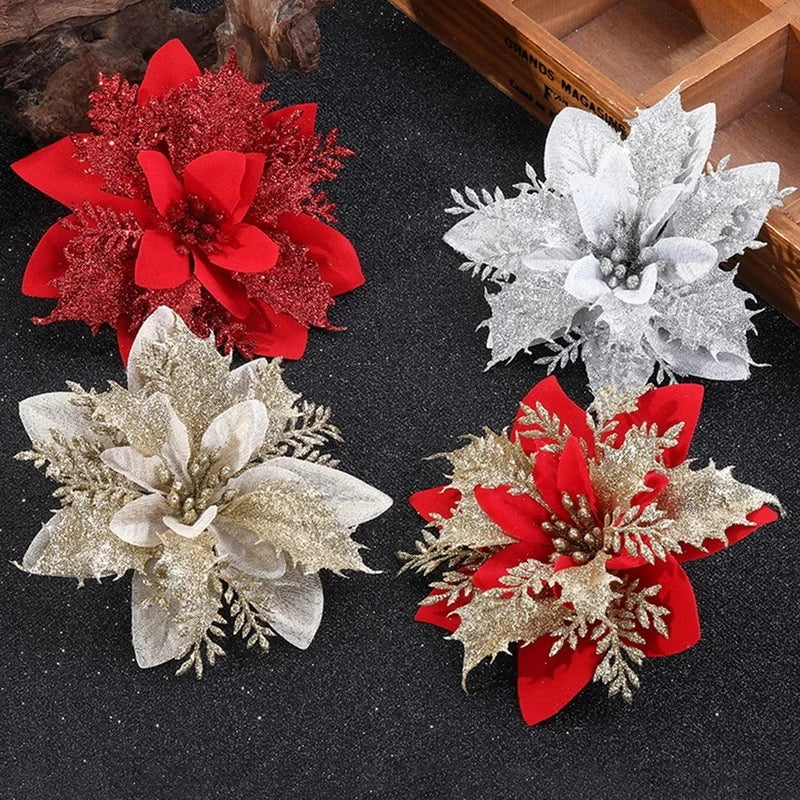 5/10Pcs 14cm Glitter Artificial Christmas Flowers Xmas Tree Ornaments Merry Christmas Decorations for Home New Year Gift Navidad