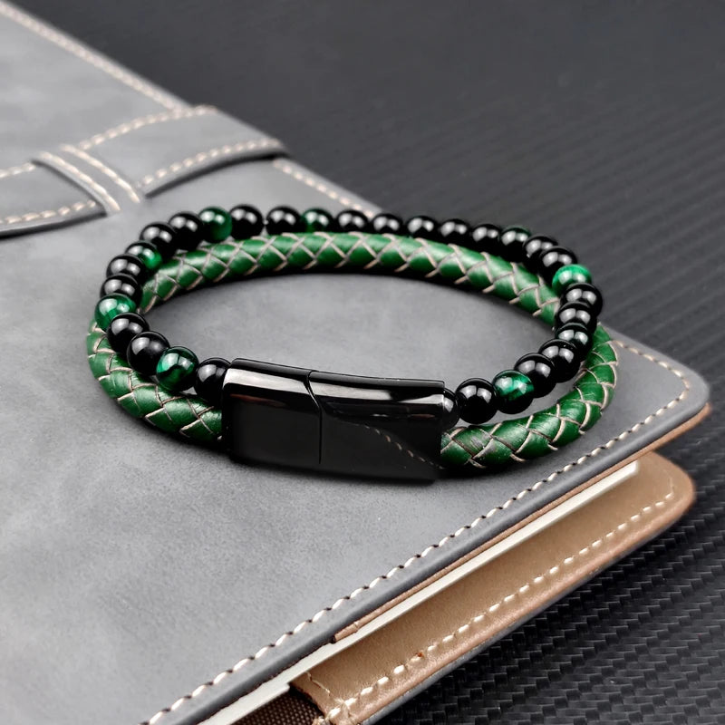 MingAo Fashion Green Stone Beads Men Bracelet Multilayer Leather Bracelet Punk Jewelry Stainless Steel Magnetic Clasp Bangles