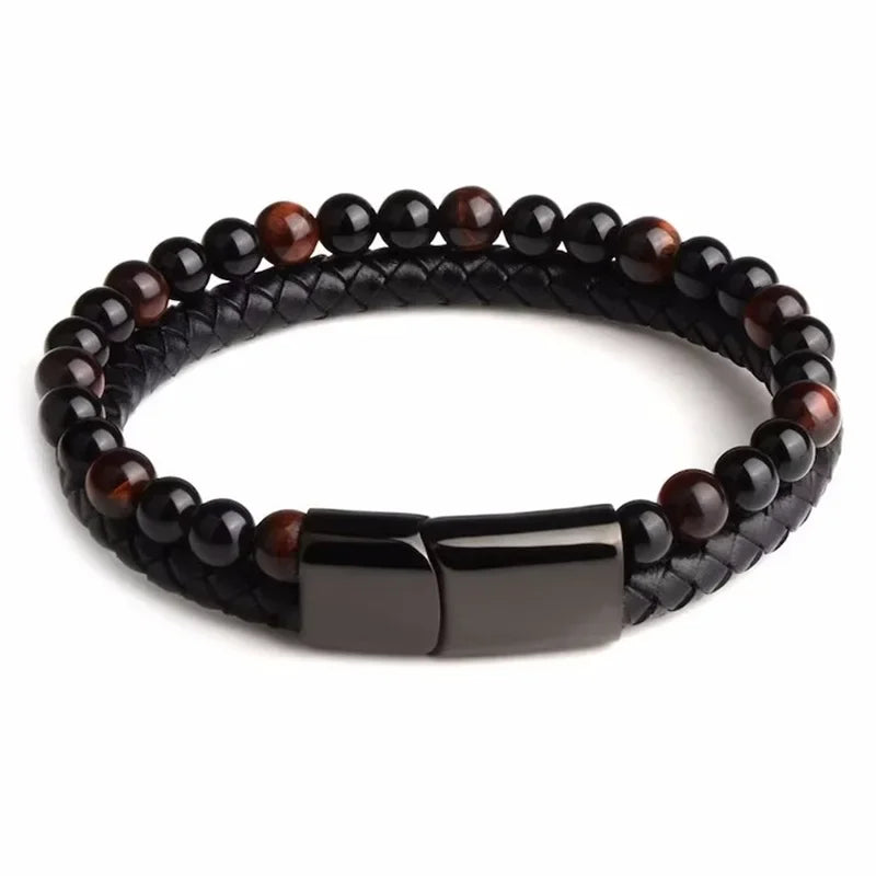 Vintage Men Lava Stone Bracelet Rope Double Leather Beaded Braclet Volcanic Stone Bangles Chain Gift DIY Fashion Jewelry