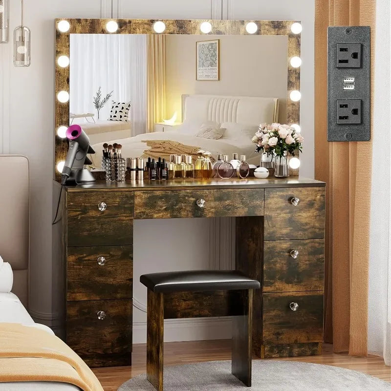 44" Vanity with Lighted Mirror - Makeup Vanity Desk with Power Outlet and 7 Drawers 3 Color Lighting Modes Adjustable Brightness