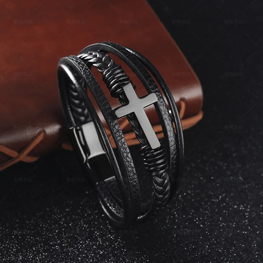 NIUYITID Cross Bracelet For Men Genuine Leather Multi-Layered Braided Charm Braclet Jewelry High Quality Magnet Clasp