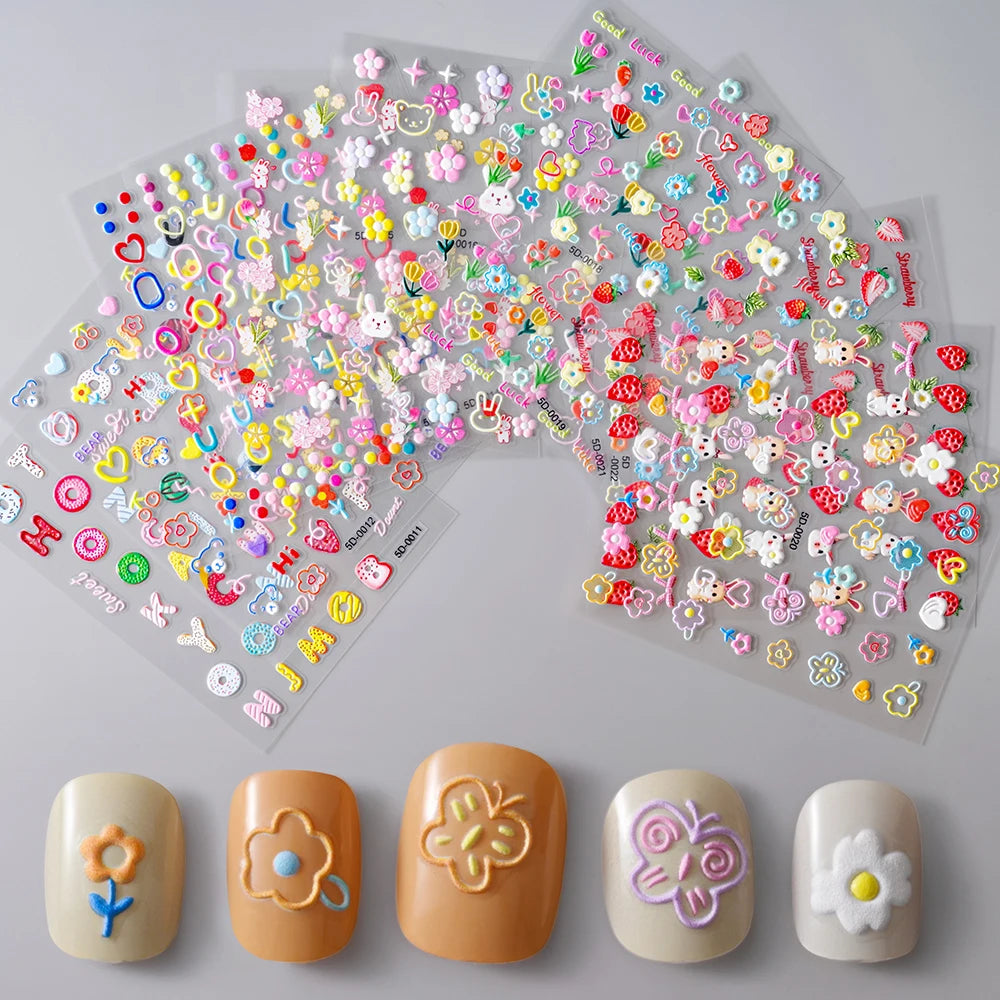 1pcs 5D Kawaii Nail Sticker Colourful Flower Letter Nail Art Slider Cartoon Manicure Self-Adhesive For Kids Girl Nail Decoration