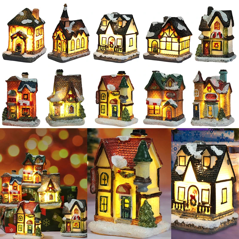 Christmas LED Light Wooden House Luminous Cabin Christmas Decorations for Home DIY Xmas Tree Ornaments New Year 2023 Kids Gifts