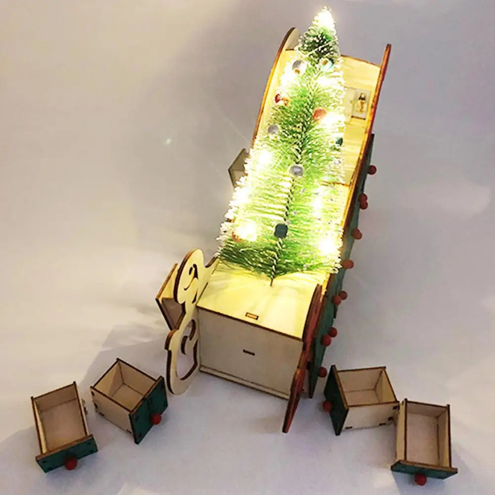 Christmas Wooden Advent Calendar Countdown with Lights 24 Drawers Sleigh Shape Christmas Tree DIY Festive Party Decorations