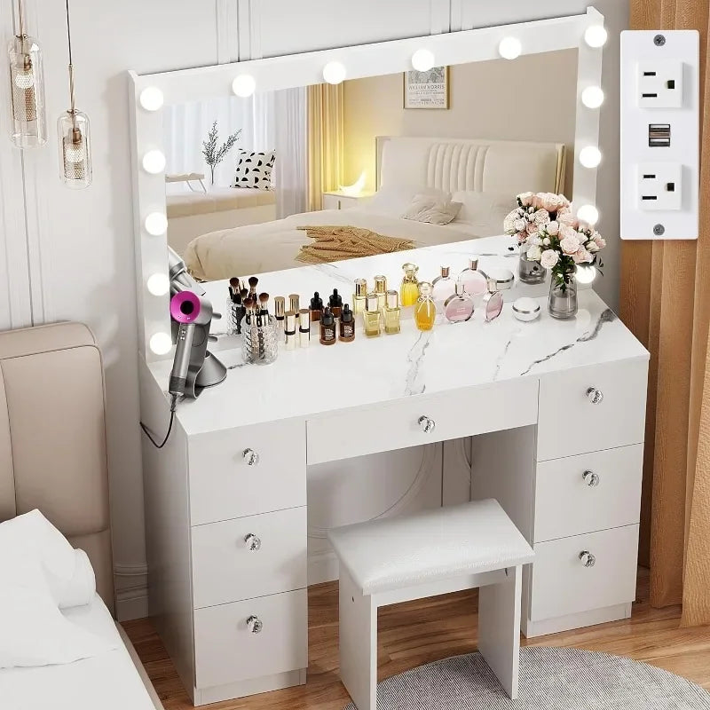 44" Vanity with Lighted Mirror - Makeup Vanity Desk with Power Outlet and 7 Drawers 3 Color Lighting Modes Adjustable Brightness