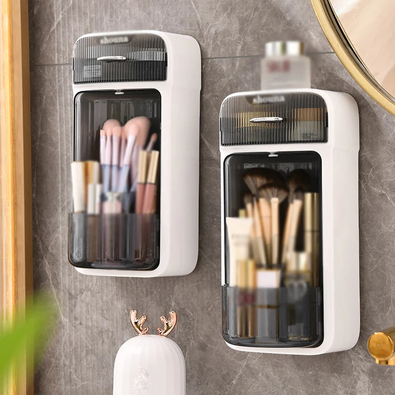 Cosmetic Storage Box Wall-Mounted Rotating Makeup Brush Holder Dustproof Lipstick Eye Shadow Bucket Cylinder With Cover