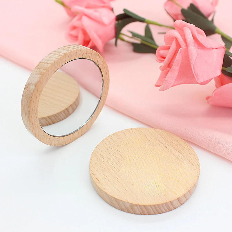 Pure Wooden Cosmetic Mirror Round Portable Mirror Makeup Mirror Student Portable Makeup Small Princess Vanity Mirror Vanity