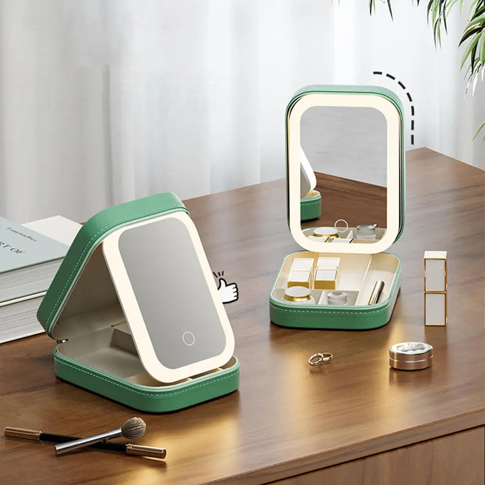 Makeup Storage Box with LED Light Makeup Mirror Portable Cosmetics Storage Organizer Cosmetics Mirrors 3 Adjustable Brightness