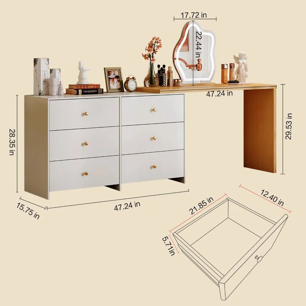 Modern Corner Makeup Vanity Table,with LED Mirror and 6 Spacious Drawers,with Cabinet Retractable Dressing Table Laptop Writing