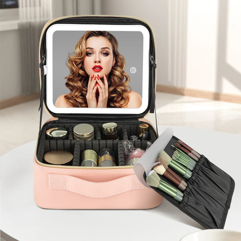 Makeup Bag With Mirror Of LED Lighted, LED Light Adjustable Brightness Cosmetic Bag, Travel Makeup Case Cosmetic Bag