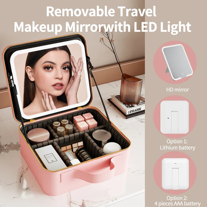 Pu Travel Eva Partitions Storage Cosmetic Case Light Up Box Vanity Organizer Portable Makeup Bag Mirror With Led Light