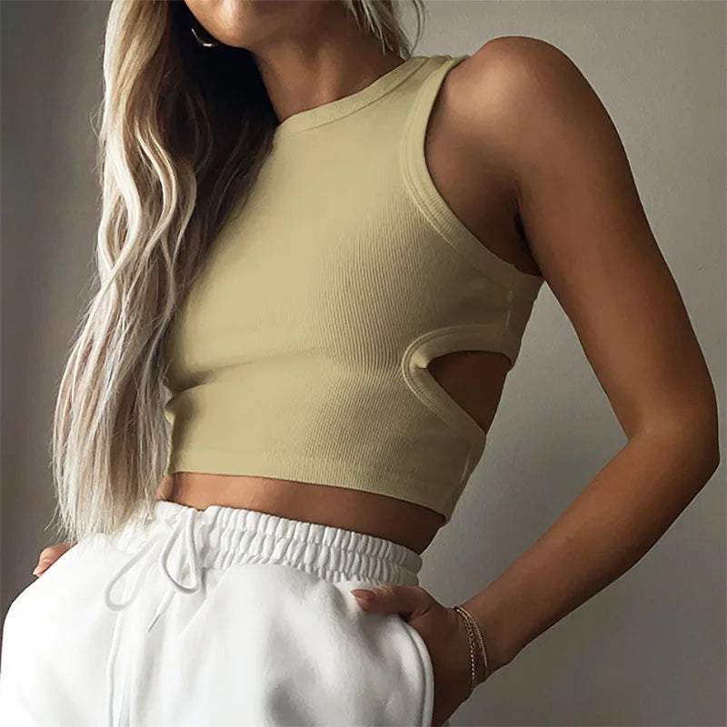 Crop Tanks Women New Summer Sporty Hollow Out Sleeveless Tops Camis Solid Sexy Fashion Casual Slim Hot Girls European Popular