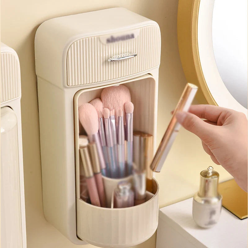 Cosmetic Storage Box Wall-Mounted Rotating Makeup Brush Holder Dustproof Lipstick Eye Shadow Bucket Cylinder With Cover