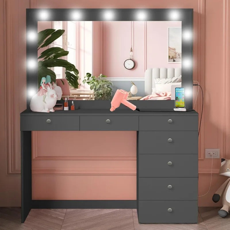 Diana Large Vanity Makeup Desk with Vanity Mirror, Built-in Lights, 7 Drawers, Crystal Ball Knobs, Power Outlet, Makeup Desk