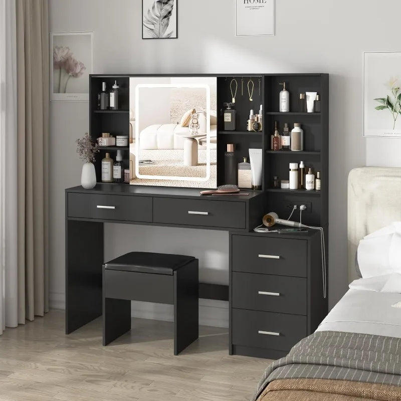 Vanity Desk with Mirror and Lights, Black Vanity Table with 3 Color Lighting, Makeup Vanity Desk with Charging Station