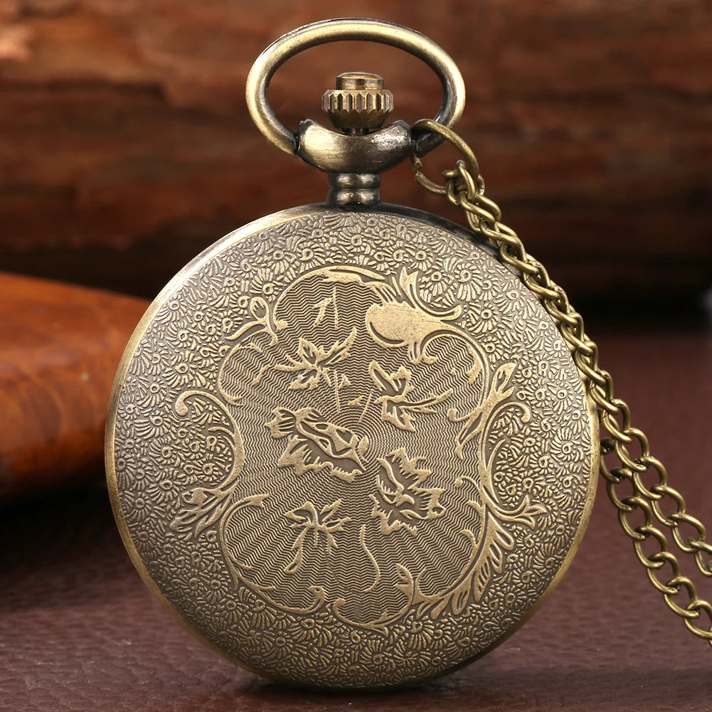 Bronze Hollow Hub Half Hunter Quartz Necklace Watch for Men Women Roman/Arabic Numerals Dial Pendant Sweater Chain Pocket Clock