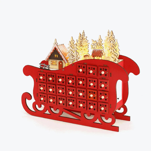 Wooden Advent Calendar with 24 Storage Drawers Christmas Sleigh Countdown Calendar with LED Lights Christmas Tree Party Decor