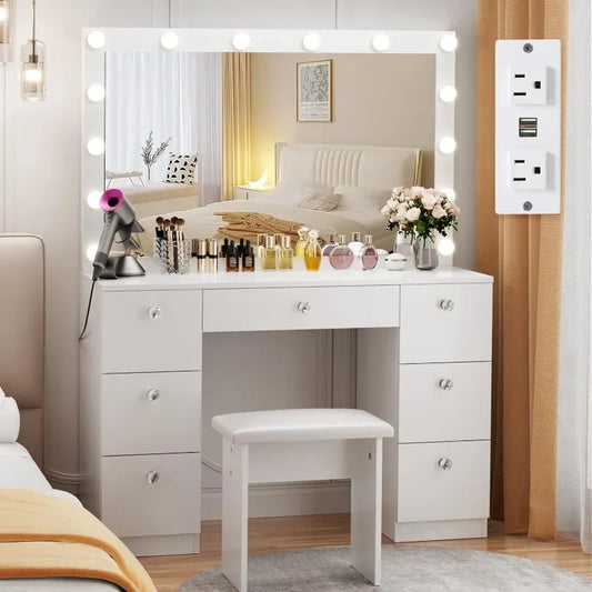 44" Vanity with Lighted Mirror - Makeup Vanity Desk with Power Outlet and 7 Drawers 3 Color Lighting Modes Adjustable Brightness