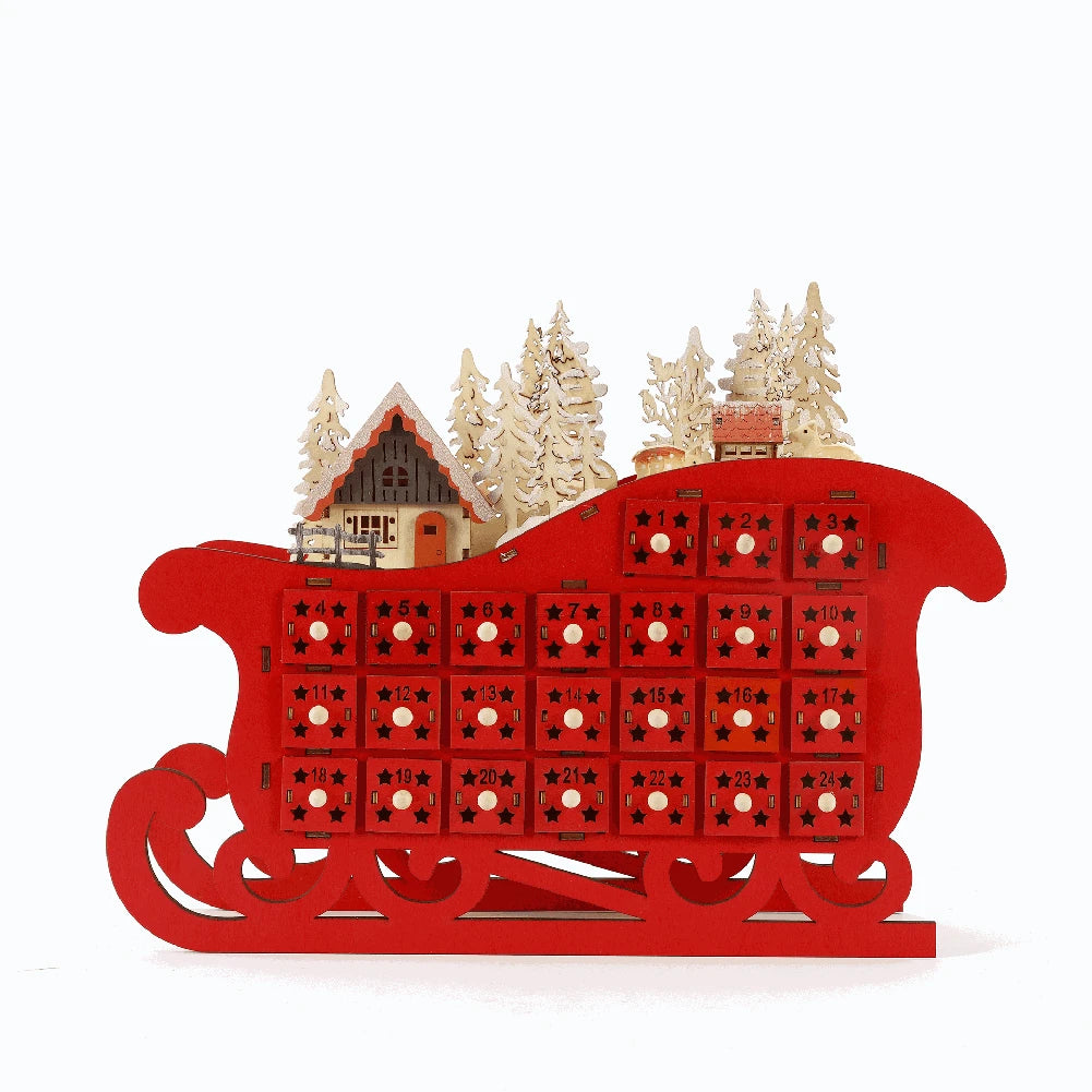 Wooden Advent Calendar with 24 Storage Drawers Christmas Sleigh Countdown Calendar with LED Lights Christmas Tree Party Decor