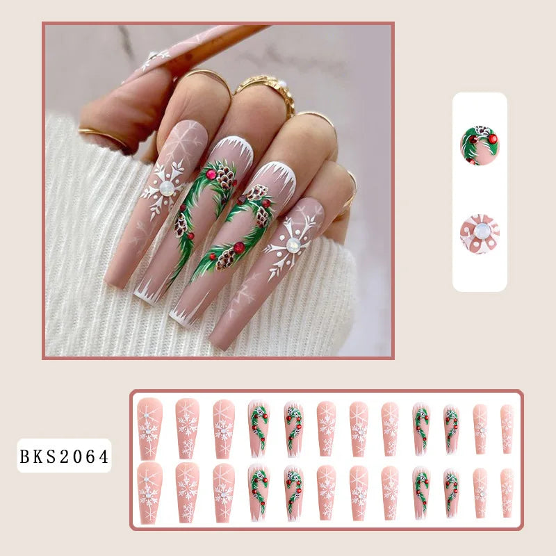 3D fake nails accessories for christmas snow flake tree heart flowers long french coffin tips faux ongles press on false nail