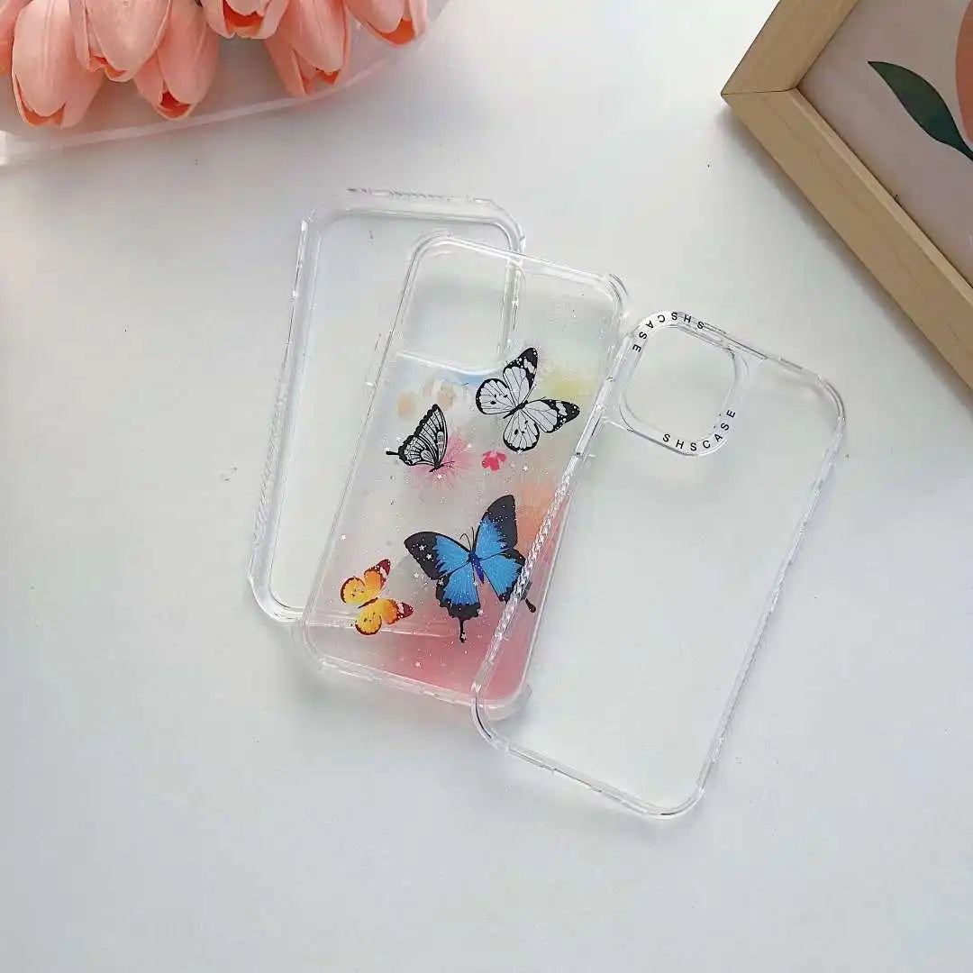 Shscase 360 Butterfly Flower Epoxy Glitter Shockproof Girls phone cases for Phone 14 13 12 Xs Max XR  PLUS