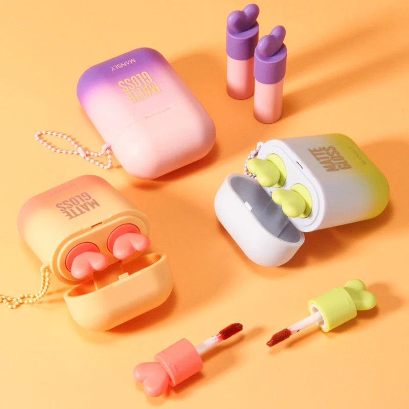 Makeup Airpod Lip Gloss Set Headphones Two-Tone Liquid Lipstick Waterproof Velvet Moisturizing Non-Stick Cup Matte Lipstick