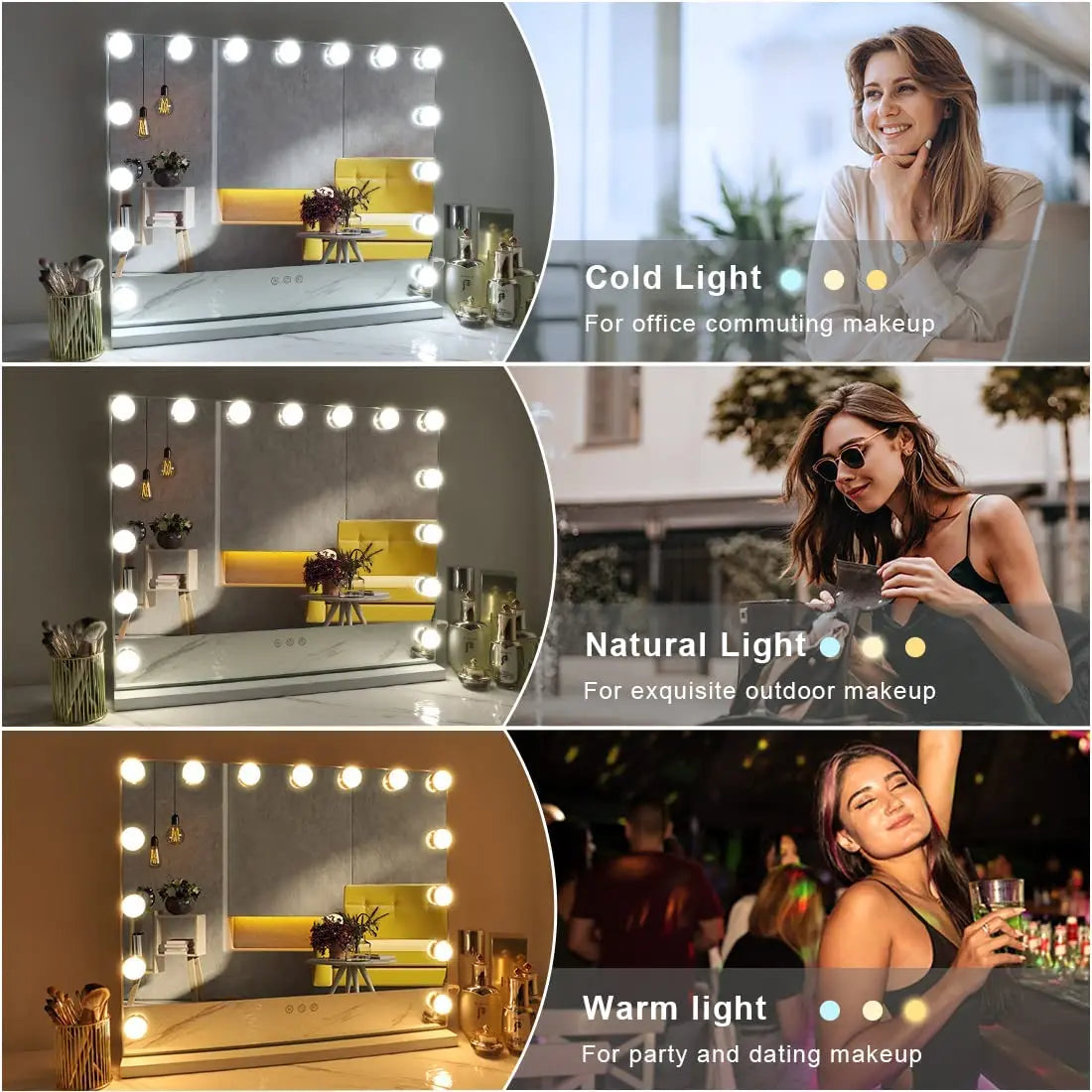 Vanity Makeup Mirror with Lights 17 LED Bulbs 3 Color Lighting Cosmetics for Dressing Bedroom Tabletop White