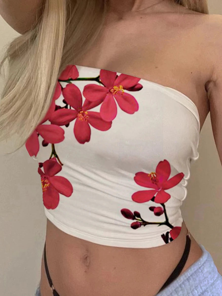 Floral Print Strapless Tube Tops Summer Y2K Smocked Crop Tops Women Sexy Slim Fit Off Shoulder Backless Bandeau Tops Streetwear