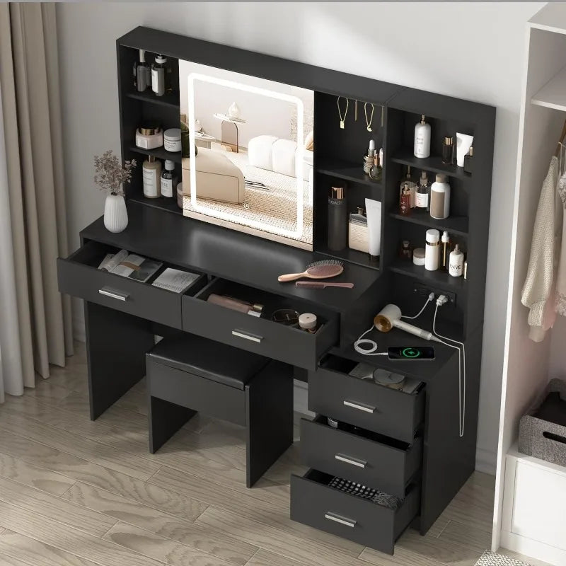 Vanity Desk with Mirror and Lights, Black Vanity Table with 3 Color Lighting, Makeup Vanity Desk with Charging Station