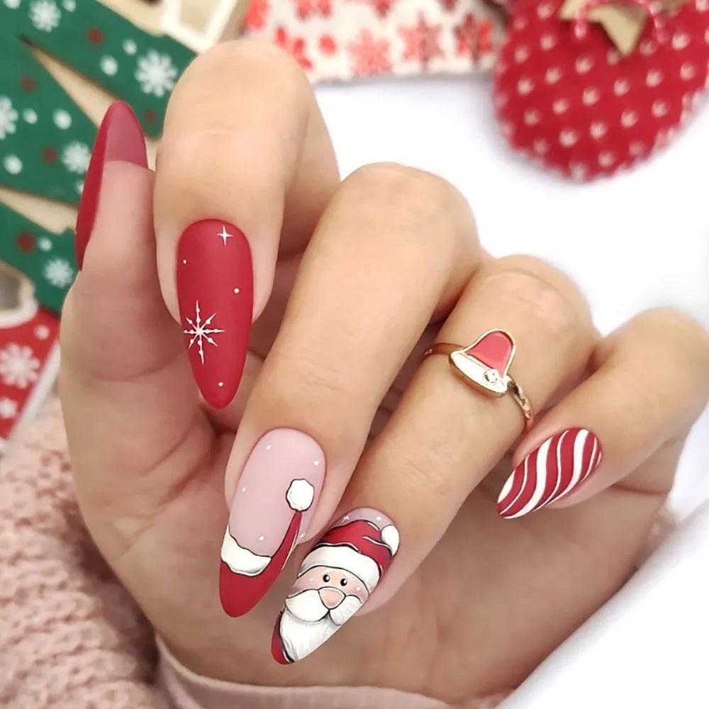 3D fake nails for Christmas French almond tips Cartoon Santa claus snow flake deers faux ongles press on acrylic false nail set