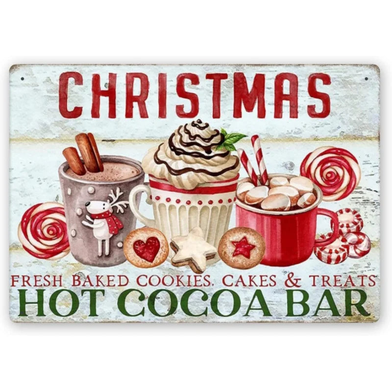 Farmhouse Christmas decoration hanging wooden wall sign (Christmas hot cocoa bar) retro poster 30x20cm iron painting home couple