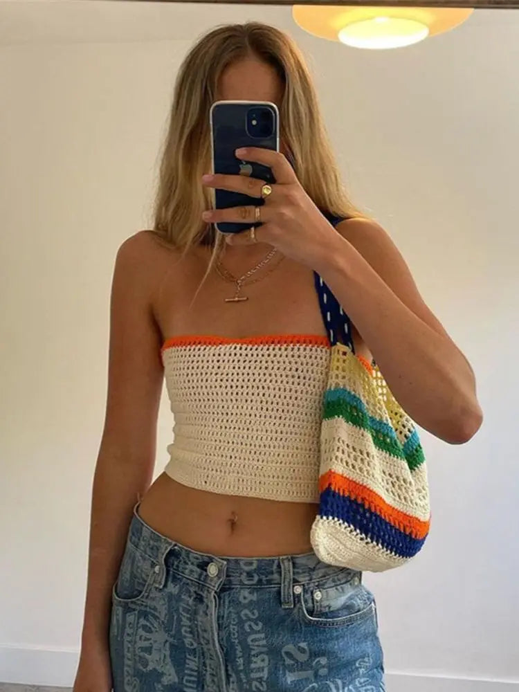 Y2K Knit Tube Top Fashion Women Hollow Out Strapless Crop Tops Back Tie Up Bohemian Vests Sexy Female Tanks Beach Female Outfits