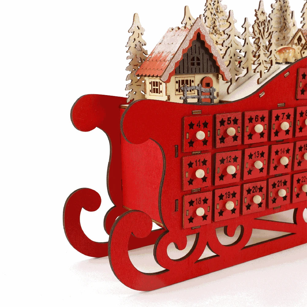 Wooden Advent Calendar with 24 Storage Drawers Christmas Sleigh Countdown Calendar with LED Lights Christmas Tree Party Decor