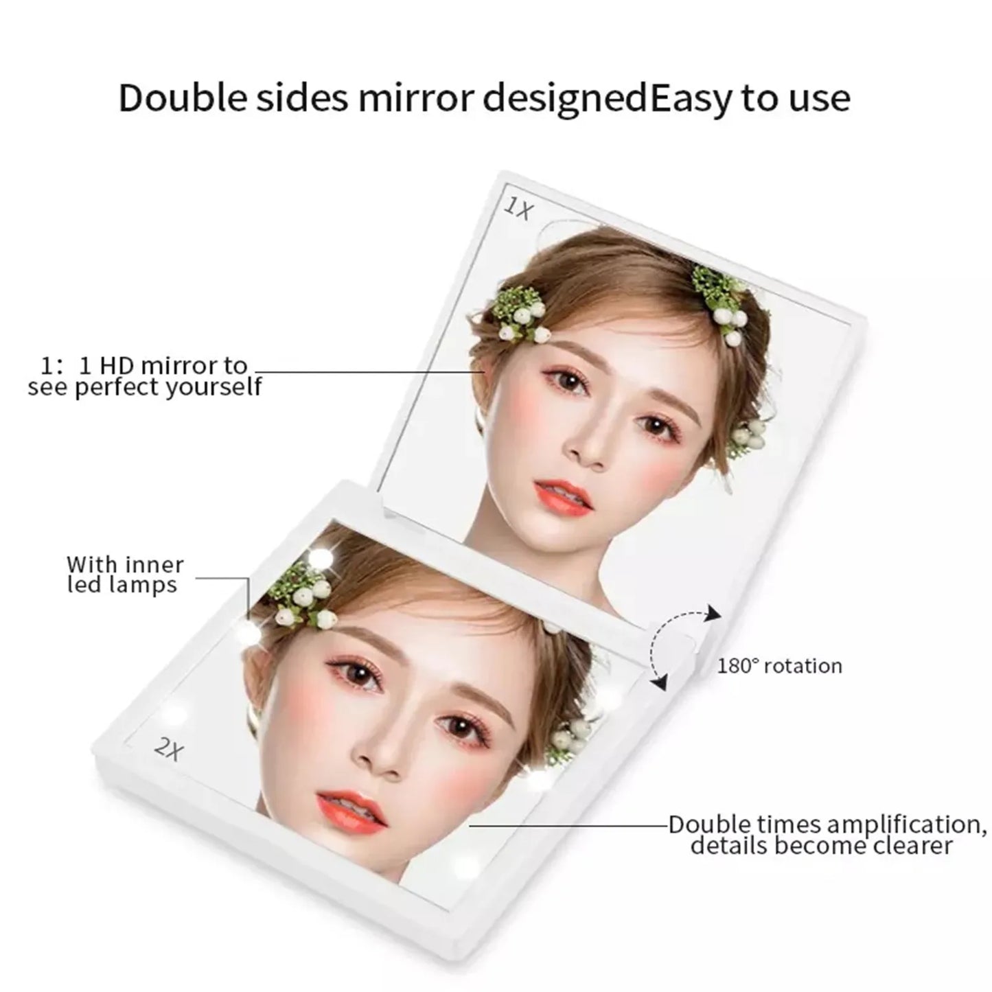 1pcs 6 LED Lamps Women Foldable Makeup Mirrors Lights Lady Cosmetic Hand Folding Portable Compact Pocket Mirror Makeup Tools