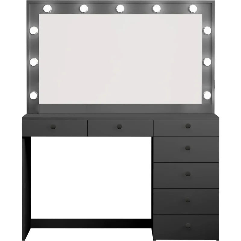 Diana Large Vanity Makeup Desk with Vanity Mirror, Built-in Lights, 7 Drawers, Crystal Ball Knobs, Power Outlet, Makeup Desk