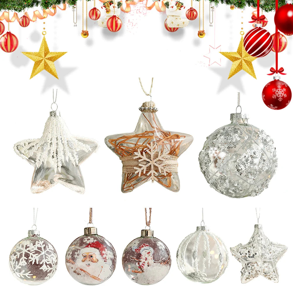 10pcs 8/9/10cm Christmas Decoration Transparent Glass Ball With Diamonds Ornaments Xmas Tree Hanging Pendants Home Party Decors