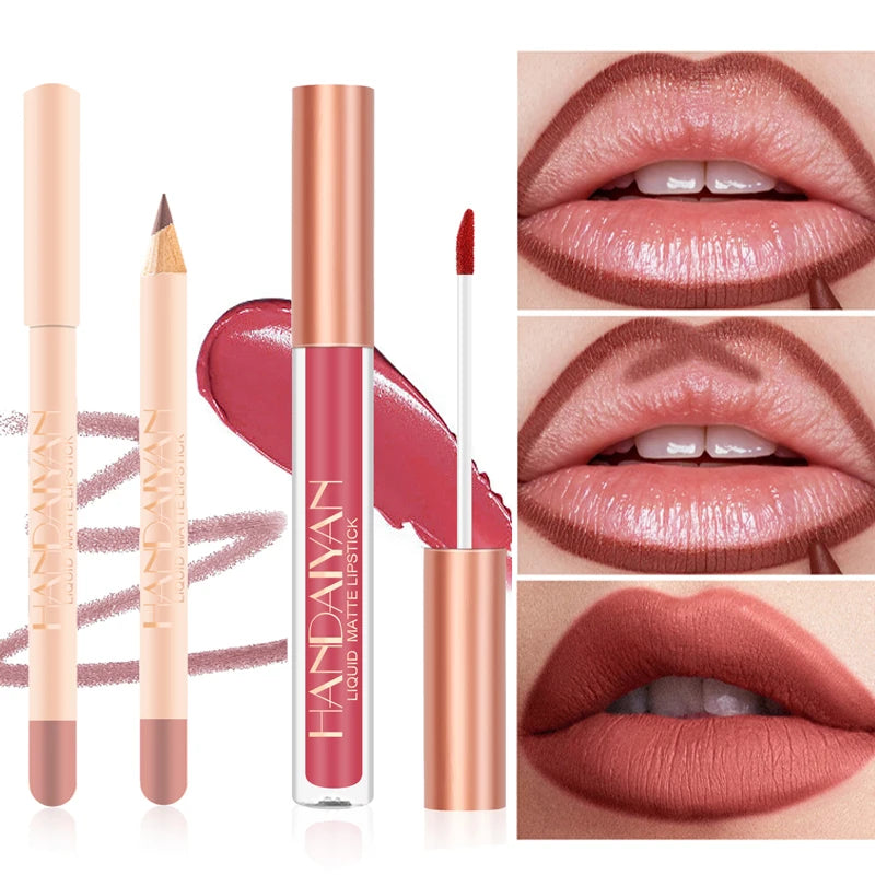 Handaiyan Lip Liner Lipgloss Set Waterproof Matte Liquid Lipstick Pencil Sexy Red Long Lasting Lipliner Makeup Cosmetics