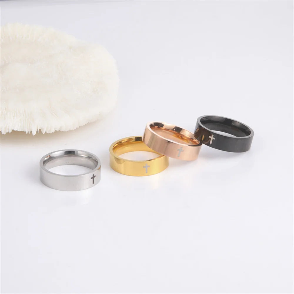 EUEAVAN Hip Hop Cross Couple Rings Women Men Stainless Steel 6mm/8mm Religious Christian Finger Ring Punk Party Jewelry Gifts