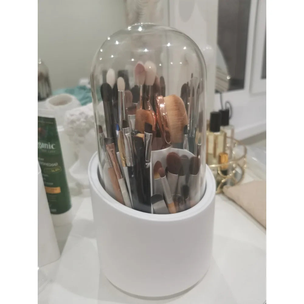 Desktop Makeup Brush Storage Bucket Cup Holder with Lid Rotating Makeup Lipstick Cosmetic Storage Box Organizer Tube Transparent