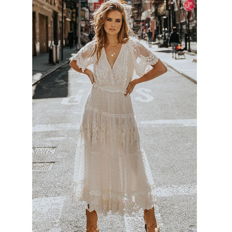 Women's Dress White Hollow Out Cotton Sundress Lace Sleeveless Long Splicing Summer Party Elegant Evening Woman Skirt Clothing