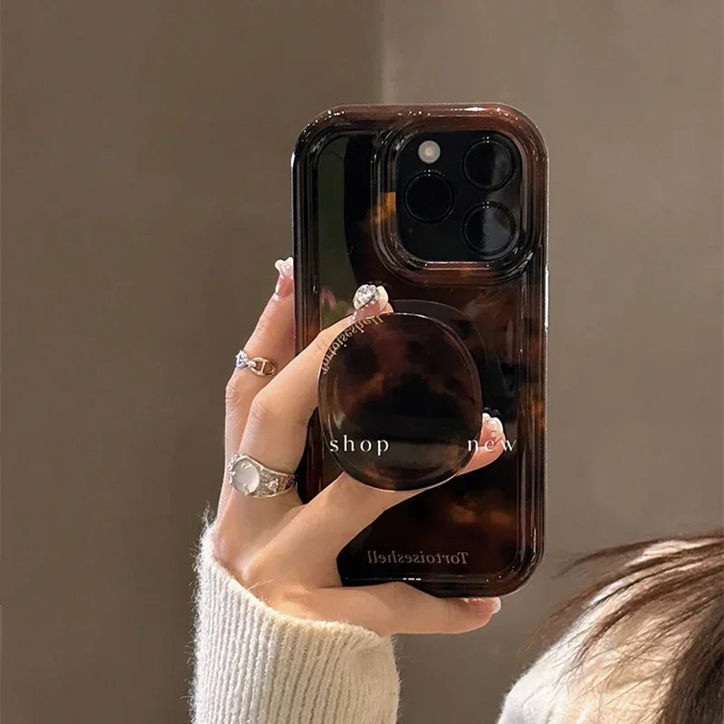 Luxury Amber Tortoiseshell Holder Phone Case For iphone 15 14 12 13 Pro Max 11 INS Korea Girl Soft Cover 2024 New Stylish Shell