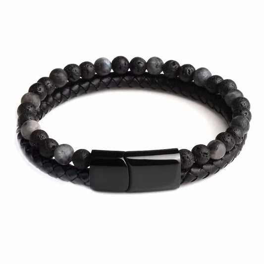 Vintage Men Lava Stone Bracelet Rope Double Leather Beaded Braclet Volcanic Stone Bangles Chain Gift DIY Fashion Jewelry